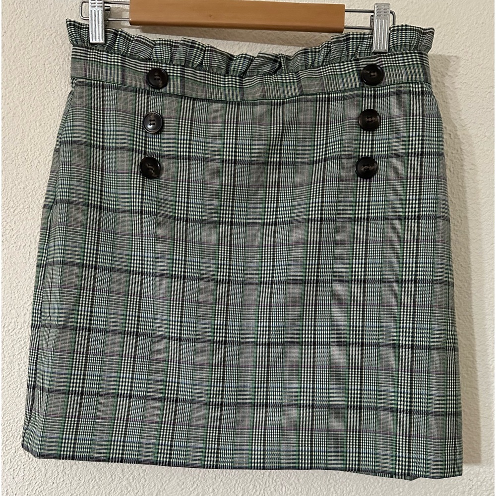 Topshop Skirt Green/Black/Pink Polyester Blend Plaid Mini Ruffle Waist Sz 8 NWT